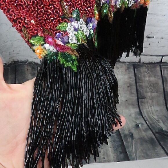 NAEEM KHAN RIAZEE VINTAGE SILK MULTI COLORED BEADED FRINGE SEQUIN PARTY DRESS - Picture 7 of 14